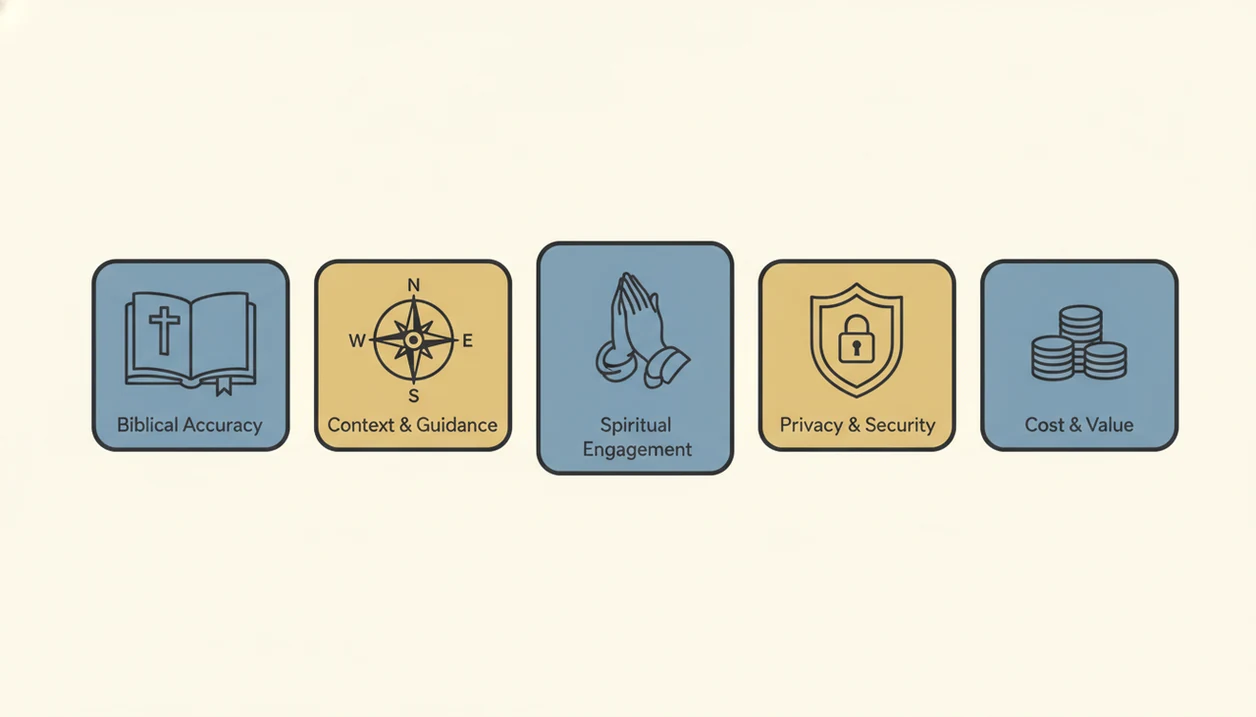 A clean icon-based framework shows Scripture, context, prayer, privacy, and cost criteria.