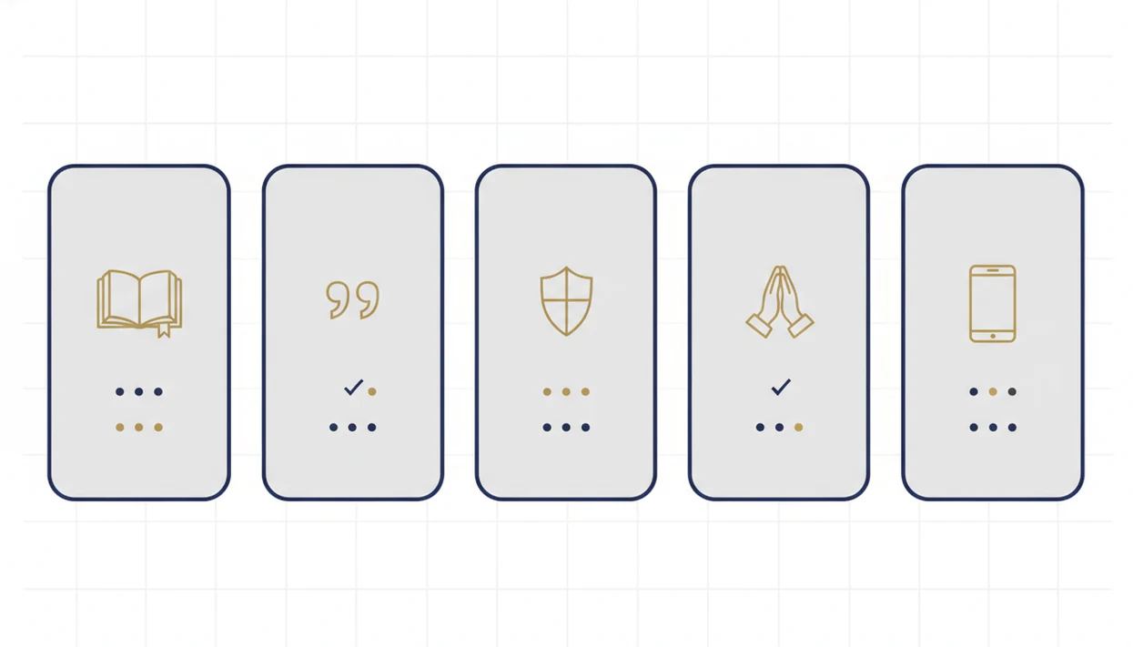 A clean comparison graphic shows criteria cards for evaluating Bible AI apps.