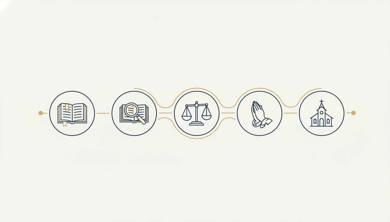 A clean five-step visual workflow shows Scripture, review, discernment, prayer, and church guidance.