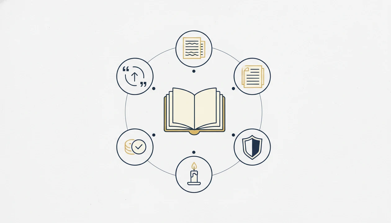 A simple visual framework shows Bible, citation, translation, privacy, prayer, and pricing criteria.