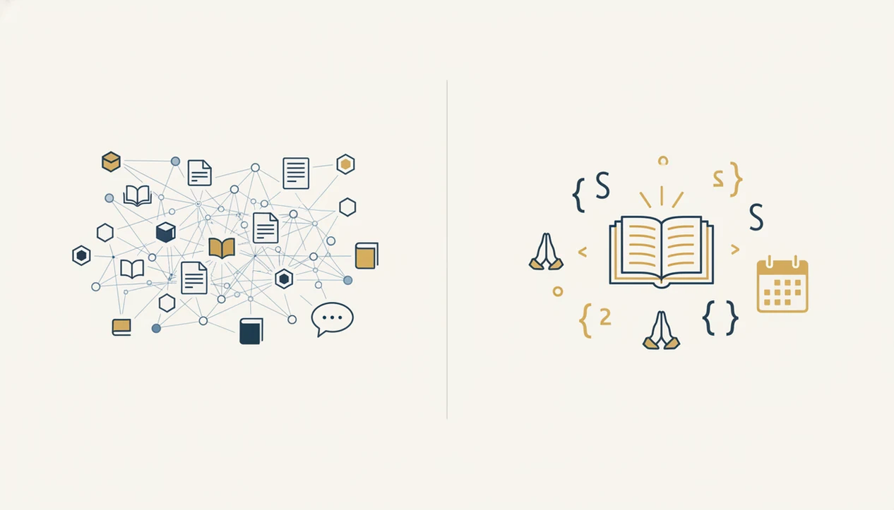 A split illustration contrasts broad AI research with a Scripture-focused Bible chat app.