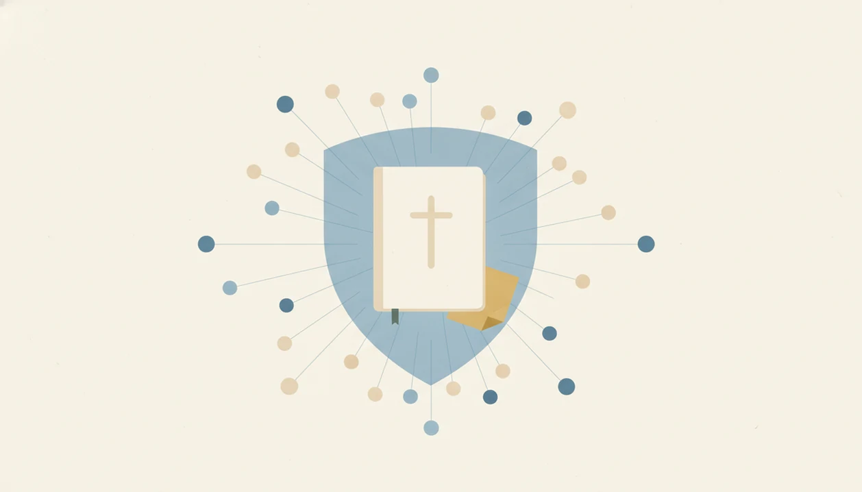 A prayer journal is protected by a shield while abstract data nodes remain outside it.