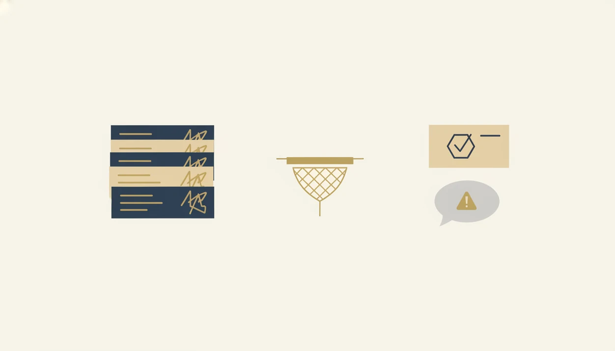A simple diagram contrasts sourced passage cards with a filtered answer and a caution symbol.