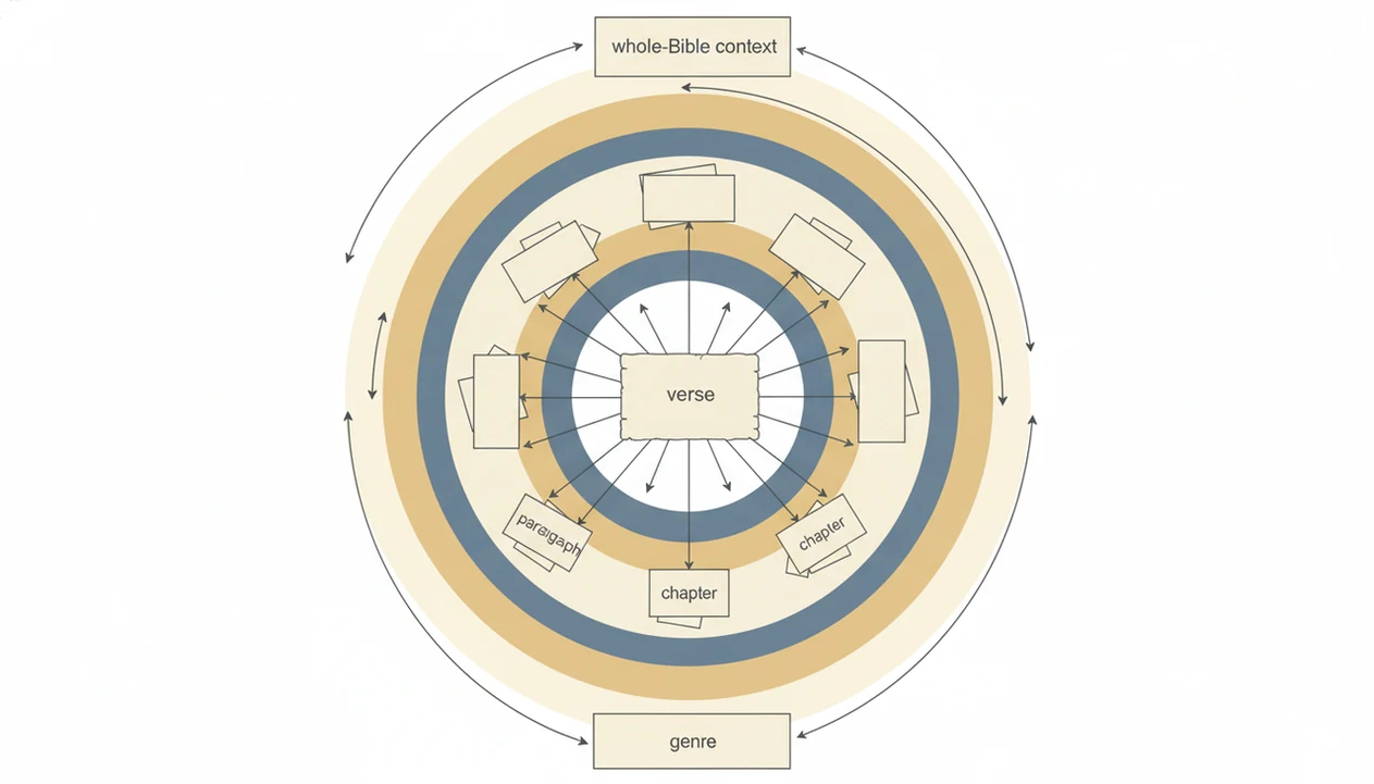 A clean diagram shows a verse surrounded by widening layers of context and connected study cards.