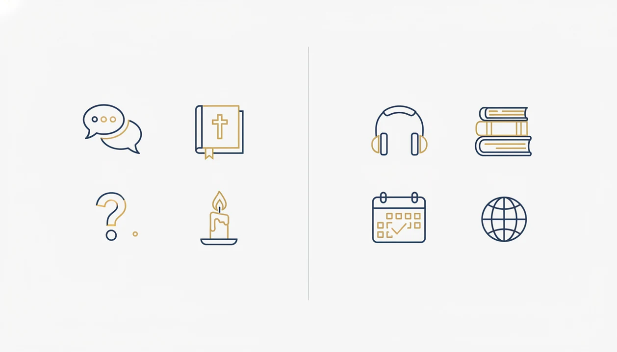 A clean icon comparison contrasts Bible chat features with library, audio, plan, and language tools.